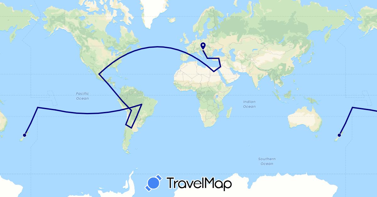 TravelMap itinerary: driving in Argentina, Bolivia, Brazil, Chile, Egypt, France, Greece, Croatia, Jordan, Mexico, New Zealand, Peru, Turkey, Samoa (Africa, Asia, Europe, North America, Oceania, South America)